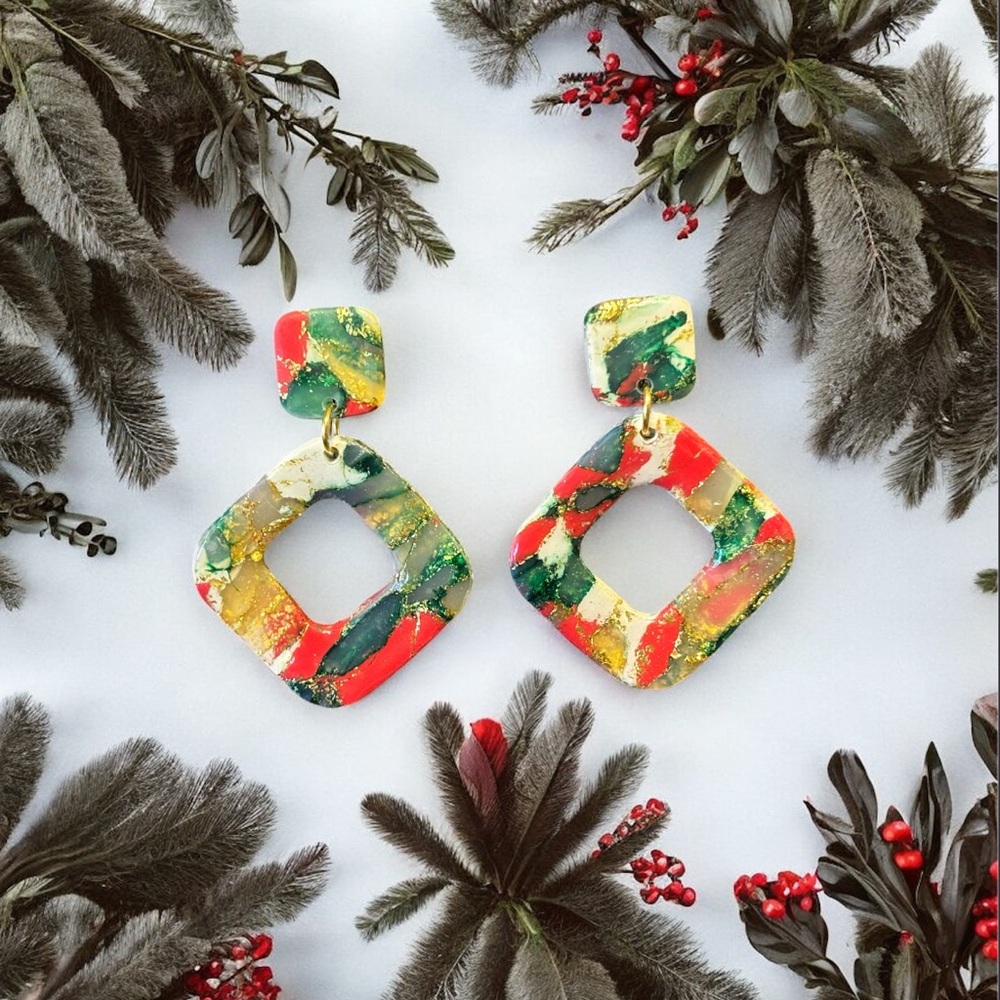Perfectly imperfect by Heather. Colorful Geometric Christmas Earrings